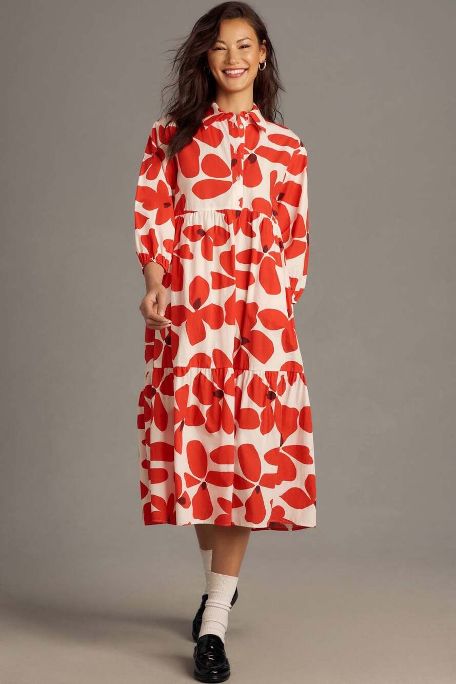 Maeve Anthropologie Bettina Tiered Midi Shirt Dress Red Floral Cotton XS